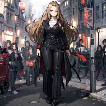 rodion an image of anime character with long blonde hair dressed in black, 1girl, solo, long hair, brown hair,  shirt, white shirt, blue eyes, full body, pants, black footwear, outdoors, city background, day, day time, ,rodion