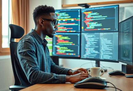 A picture of a light-skinned African Tech guy sitting in front of a desk with large computer monitor sectioned into 4 places with programming on the screen and a cup of coffee on the table, with a beautiful computer mouse and a mechanical keyboard, hyper-realistic 4K