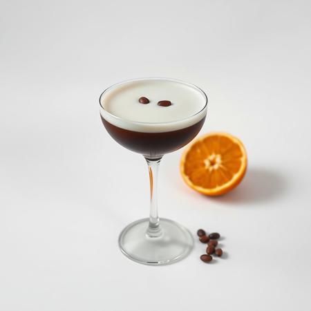 simple product Photography image on a plain, blank, pure 100% bright white background of a foamy espresso martini in a coupe glass and 3 floating coffee beans as garnish. and cut orange beside it. zoomed out.