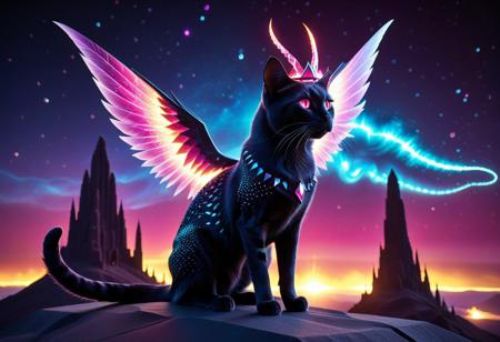 voronoi tessellation, cinematic lighting, volumetric lighting, perfect shadows, depth of field, stunning composition, hyperrealistic textures, vibrant, high contrast. A regal (cat:1.2), her sleek fur shimmering in iridescent hues that catch the firelight. A grand basalt-like crown rests upon her head, adorned with glowing pink low-poly crystal inlays that pulse with arcane energy. Her piercing ruby-pink eyes radiate an otherworldly glow. Her tail arcs gracefully to the left and wings of rainbow celestial flames erupt from her back, casting fiery tessellated trails into the starlit sky. Comets and meteors streak across the dramatic backdrop, illuminating towering spires and glowing rivers.