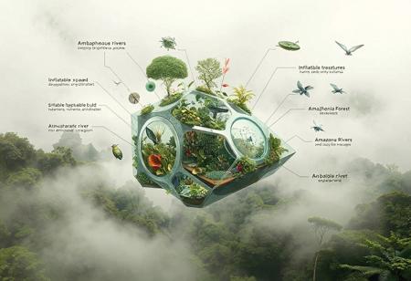 In a speculative drawing collage style, a biotech simbiogenetics bank micro ecotone is depicted as a sleek, fractal-like structure embedded within a lush, humid fog-filled environment. The compact symbiotic design, grounded in amphibious principles, features inflatable deployable structures that disperse seeds, vegetation buds, nutrients, and pollinators through various methods including ballistic, wind, and water. This intricate system is seamlessly integrated with atmospheric rivers, connecting the Amazonia Forest to the Chingaza Paramo, showcasing the interconnectedness of regional ecosystems in a highly detailed, wide background.
