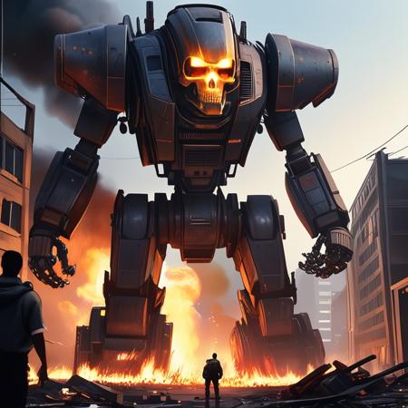 TrashPunkStyle, <lora:TrashPunkStyle:0.5>,sky, giant trashpunk robot with robotic skull head destroying fire,scorched buildings,ashes in the air,epic fire scene,building,star (sky),scenery,science fiction,6+boys,city,giant,spacecraft,cyberpunk,6+others,night,epic lights,cation scene,