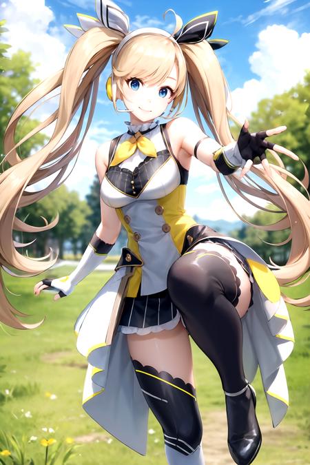 masterpiece, (best quality), vibrant colors ,natural lighting ,RTX, perfect proportions, beautiful, detailed face, (perfect eyes:1.1) ,(photorealistic:1.1), 8k uhd, outdoors, simple background, zea cornelia, 1girl, solo, long hair, smile, blue eyes, skirt, blonde hair, thighhighs, gloves, dress, ribbon, bare shoulders, twintails, medium breasts, very long hair, hair ribbon, ahoge, boots, sleeveless, black gloves, fingerless gloves, black footwear, white dress, white thighhighs, zettai ryouiki, white footwear, headset, asymmetrical legwear, mismatched legwear, straight-on, Balancing on one foot, mimicking a crane pose,   <lora:ZeaCornelia:0.85>