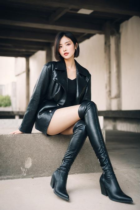 (full body:1.3),(Cinematic Aesthetic:1.4),bokeh,Photo of a beautiful korean fashion model,short hair,bob cut,black hair,1girl,solo,pantyhose,fujifilm,film grain,<lora:ZCBRealisticV2-000014:1:lbw=FUZU>,zaracbb,sitting,thigh boots,leather boots,