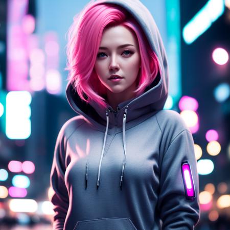 (CyberWoman style:1) woman in a hoodie with pink hair <lora:djzCyberWomanV21:0.8>