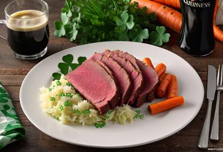 succulent corned beef, carrots and cabbage on a (white plate with shamrock pattern on the rim), glass of (Guinness beer) , showcasing the texture of the food and the festive atmosphere of the St, Patrick's day meal, 16k UHD, Commercial photography, A bright environment, Studio lighting, OC rendering, Solid color isolated platform, Professional photography, Color classification, Super detail