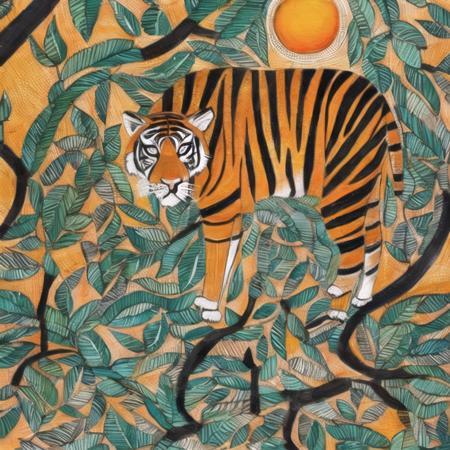 beautiful image of tiger hiding in bushes in the style of <lora:madhubnillust-000012:0.9>, sunset scene, river