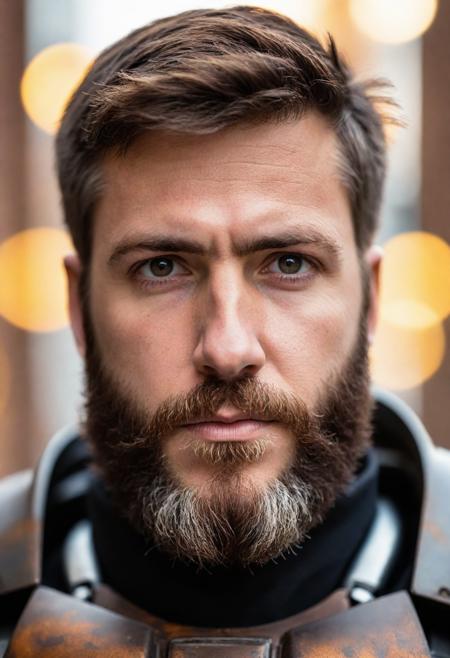 close up Portrait photo of muscular bearded guy in a worn mech suit, ((light bokeh)), intricate, (steel metal [rust]), elegant, sharp focus, photo by greg rutkowski, soft lighting, vibrant colors, masterpiece, ((streets)), detailed face <lora:lcm_lora_XL:0.9>