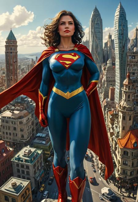 A giantess superheroine towers over a miniature city, her enormous presence inspiring awe among the little citizens. With her large breasts, thighs, and boots, she exudes confidence and power. Her flowing cape adds to her imposing stature, as she stands with hands on hips and a giantess smirk on her face.
The superheroine's immense presence looms over the tiny city, her towering form a testament to her strength and prowess. Her smile and posture convey a sense of authority and leadership, making her a symbol of protection and hope for the miniature citizens below.
