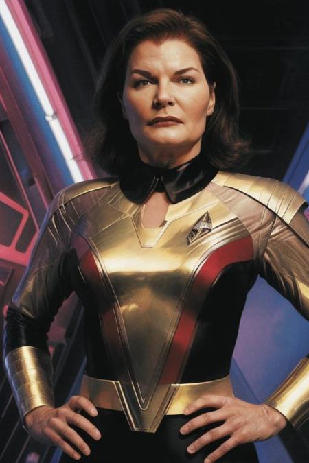 masterpiece, best quality, high quality, highres, ARTSTYLE_AlexRoss_ComicArt_ownwaifu, solo, Captain Janeway, played by Kate Mulgrew, Star Trek Voyager, upper body shot, wearing black and red Starfleet officer's uniform with a grey shirt collar, confident expression, realistic, starship bridge background, lora:ARTSTYLE_AlexRoss_ComicArt_ownwaifu-15:0.8, upper body, straight-on, looking_at_viewer, solo, starship bridge background