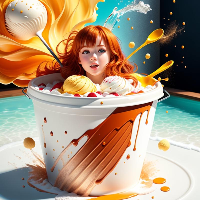 A young girl in a large bowl filled with ice cream and topped with whipped cream and caramel.