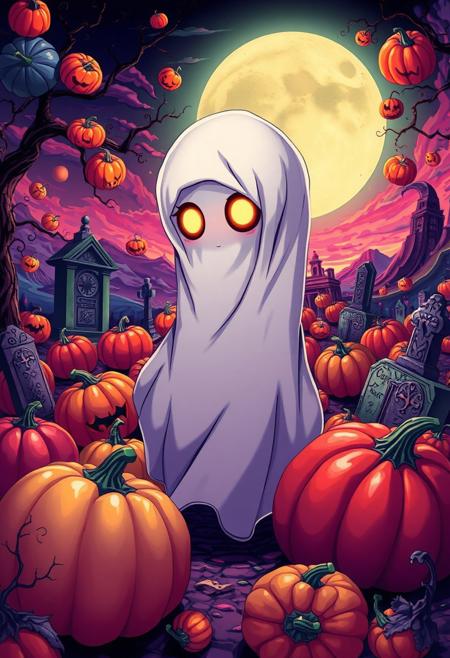 A hyper-stylized anime-style Halloween ghost, surrounded by a vibrant, pop art landscape of colorful pumpkins and twisted, surrealist graveyard scenery. The ghost, a cute, bedsheet-clad figure with a sweet, anime-style face, is distorted and elongated, with a melting, Dalí-esque quality to its edges. The pumpkins, a riot of bright, poppy colors and bold, graphic patterns, seem to float and swirl around the ghost, as if they're being blown by an invisible wind. The graveyard scenery is a twisted, surrealist dreamscape of melting headstones, distorted mausoleums, and other bizarre, nightmarish imagery. The ghost's eyes glow with a bright, shining light, adding a touch of magical, supernatural energy to the image. The overall effect is one of vibrant, eye-popping energy, as if the viewer is gazing into a kaleidoscope of colors and patterns. highest-Quality, intricate details, visually stunning, Masterpiece