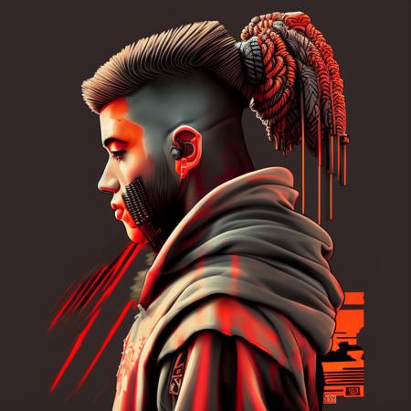 a cropped digital painting of a man with a mohawk and a helmet on his head with a red background and a black background with a red and orange design, art by flonixsdviewv3