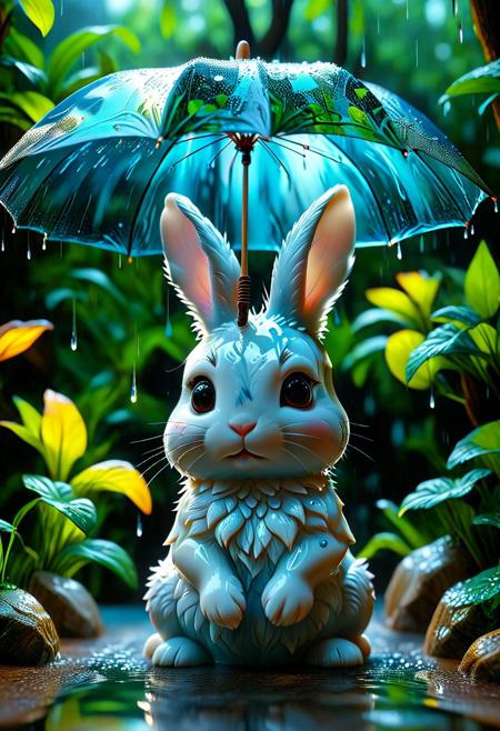 Geeky Liquid Marble of a tiny bunny sitting under an umbrella in the rain, the forest, glow, water, liquid, water reflection, adorable glowing creature, 
digital art, 8k, UHD, 
cute, kawaii, moe, big-eyes, contemporary, fantasy, nature, portraits, vibrant, whimsy, 
beautiful, painterly, detailed, textural, artistic, aesthetic, intricate details, highly detailed, ultra-detailed, absurdres, vivid, vibrant, volumetric lighting, unreal engine, octane rendering, high contrast, 
midjourneyv6.1,