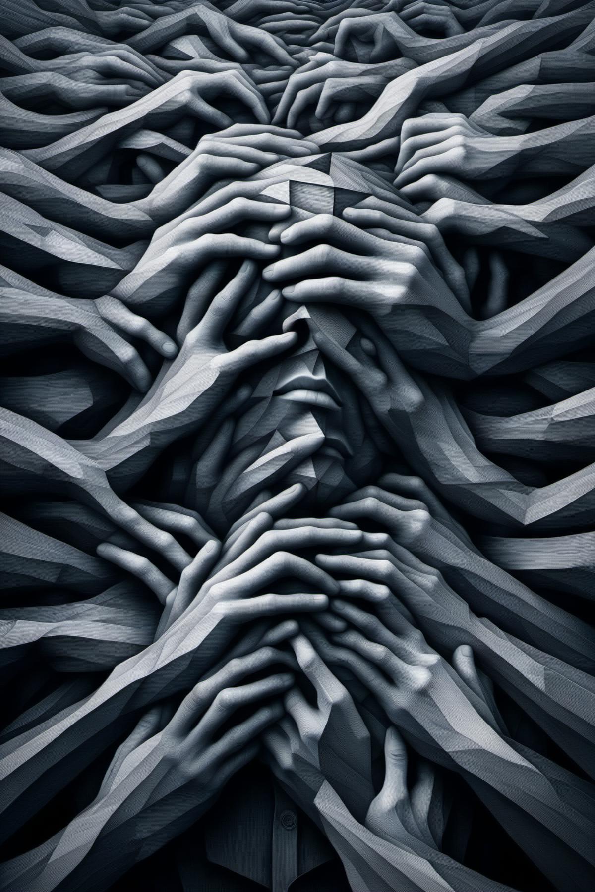 impossible Escher man hands composing all together an overall shape similar to an undefined face, front view, photorealistic, RAW photo, dark oil everywhere