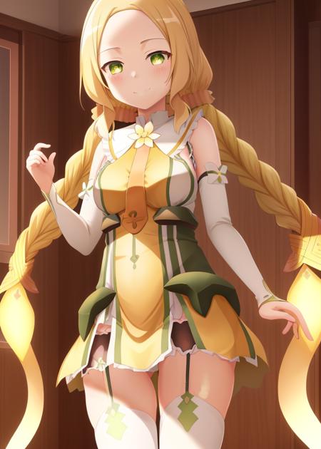 <lora:Inubouzaki_Fuu-10:0.8>,extremely detailed CG unity 8k wallpaper,extremely delicate and beautiful,Inubouzaki_Fuu, 1girl, solo,smile, long hair,blonde hair, thighhighs,dress, twintails,light green eyes,necktie, twin braids, white thighhighs, garter straps, yellow dress