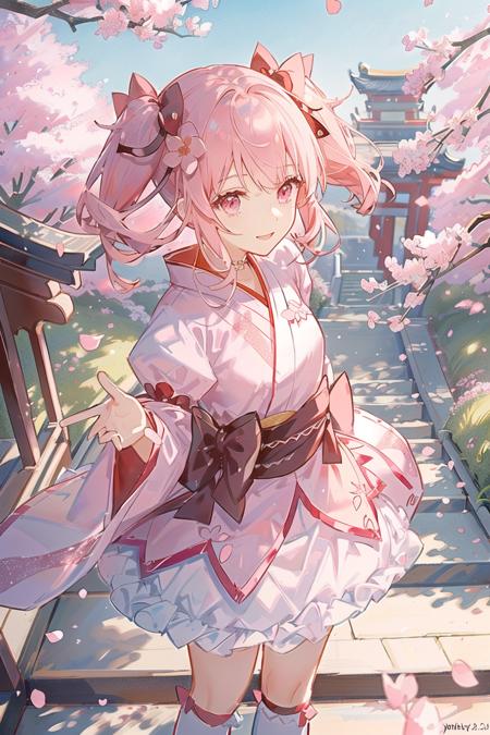 1girl, solo, from above, \(cherry blossoms field\), aesthetic, intricate, best quality, detailed background, Madoka Kaname, (\girl wearing a patterned pink kimono:1.2\), \(standing in a field of pink flowers\), casual pose, detailed textures, posing, floral print, hair flower, hair ornament, japanese clothes, kimono, obi, outdoors, pagoda, petals, pink kimono, sash, shrine, sky, stone stairs, torii, wide sleeves, yukata  <lora:MadokaKaname:1>