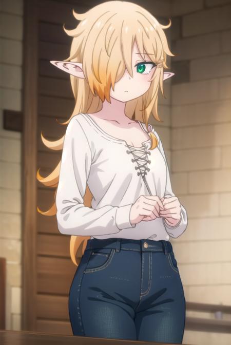 reviewerzel, <lora:reviewer zel female s1-lora-nochekaiser:1>,
zel, long hair, blonde hair, (green eyes:1.3), pointy ears, (hair over one eye:1.5), elf,
BREAK shirt, long sleeves, pants, denim, jeans, (white shirt:1.5), collarbone,
BREAK indoors, bed,
BREAK looking at viewer, (cowboy shot:1.5),
BREAK <lyco:GoodHands-beta2:1>, (masterpiece:1.2), best quality, high resolution, unity 8k wallpaper, (illustration:0.8), (beautiful detailed eyes:1.6), extremely detailed face, perfect lighting, extremely detailed CG, (perfect hands, perfect anatomy),