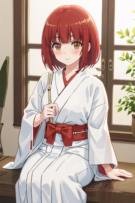 best quality, masterpiece, highres, solo, {white kimono:1.35}, {red hakama:1.35}, {wide sleeves:1.20}, {shinoda_akane_nonnonbiyori:1.15}, short_hair, brown_hair, brown_eyes, bangs, blush, anime_coloring, red_hair