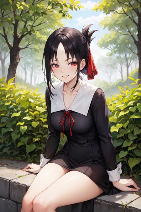 masterpiece, best quality, ultra-detailed, glowing light, (detailed background, complex background:1.2), (perfect face, detailed face), (mature female, milf:1.4), thick thighs, parted lips, red eyes
<lora:shinomiya_kaguya:0.8>, shinomiya_kaguya, parted bangs, ribbon, red ribbon, hair ribbon, sidelocks, folded ponytail, dress, short hair, black dress, school uniform, shuuchiin academy school uniform, collarbone, long sleeves, neck ribbon, small breasts
(garden, outdoors, sitting, smirk, smug, half-closed eyes, thighs)