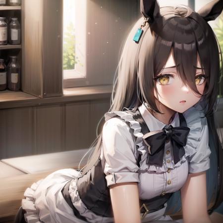 ((masterpiece, best quality)), <lora:Manhattan Cafe:0.6>,1girl,Manhattan Cafe,horse girl,horse ears,hair_between_eyes,long_hair, black_hair,ahoge,yellow_eyes,maid headdress, maid, cafe,