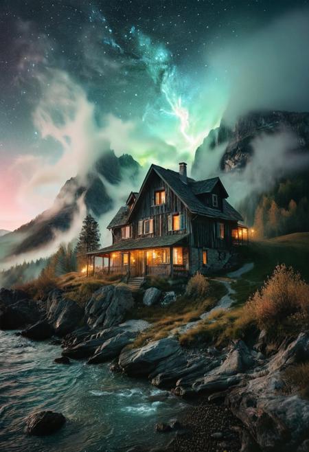 (by Ellen Jewett:1.5), (Bioluminescent Impressionism, The Dreamland), their peaks veiled in mist. mixed media, surrealism, great lighting, A surreal landscape highly detailed . extremely high-resolution details,  appears trapped in an optical illusion of reflections and refractions colorful , mountain cabin, professional photography, natural lighting, volumetric lighting maximalist. intricately detailed, complex, elegant, night, moon, meteor shower, expansive, fantastical, film photography style,  <lora:MJ52:0.3>  <lora:SDXLFaeTastic2400:0.4>  <lora:EpicF4nta5yXL:0.7>.ethereal landscapes, depth of field, biotech emotion:1.3) <lora:xl_more_art-full_v1:0.5> <lora:add-detail-xl:1> <lora:RMSDXL_Creative:2>, GhostlyStyle