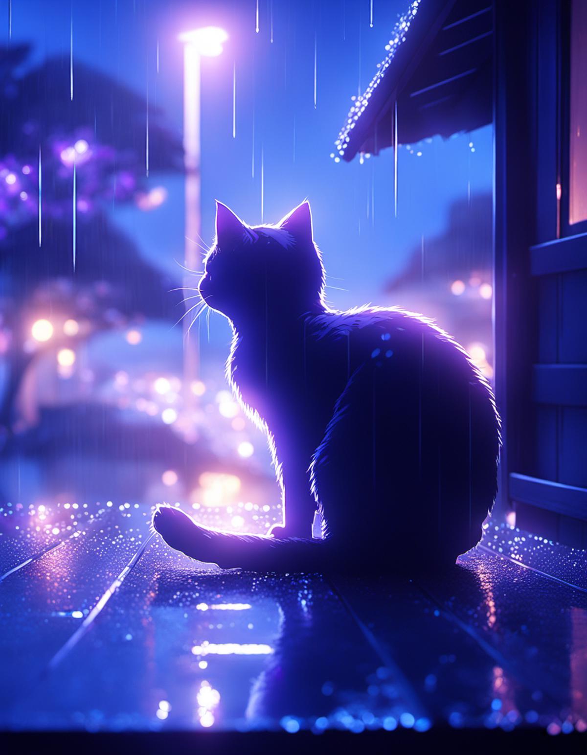 A black cat sitting on a wooden floor in the rain at night.