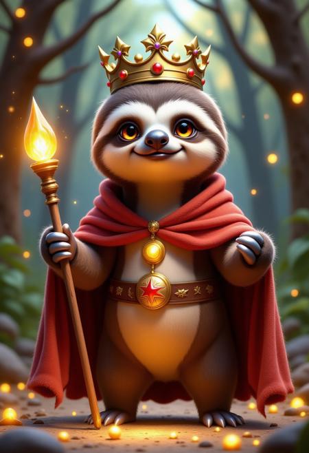 a super realistic 3ds max rtx rendered cute sloth king with crown, holding a magic staff and wearing a magic robe. As super hero game character, Poster style Artwork. 
,pinkhidreamfantasy