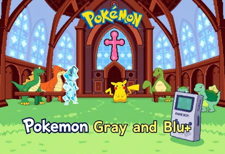 A Pop scene of Ice Ketchum and Pikachu in a Impeccable Pokémon Church, with iconic Pokémon like Charizard, Blastoise, and Bulbasaur in an 8-bit world. Game: Pokémon Pink and Blue (1996) on Game Boy. With Text:"Pokémon Gray and Blue"