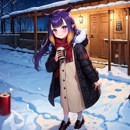 masterpiece, 1girl, best quality, ninomae ina'nis, long hair, dark purple hair, pointy ears, tentacle hair, outdoors, winter coat, long scarf, solo focus, standing, smile, blush, full body, holding, food, (canned coffee), looking at viewer, night, snow, facing viewer,