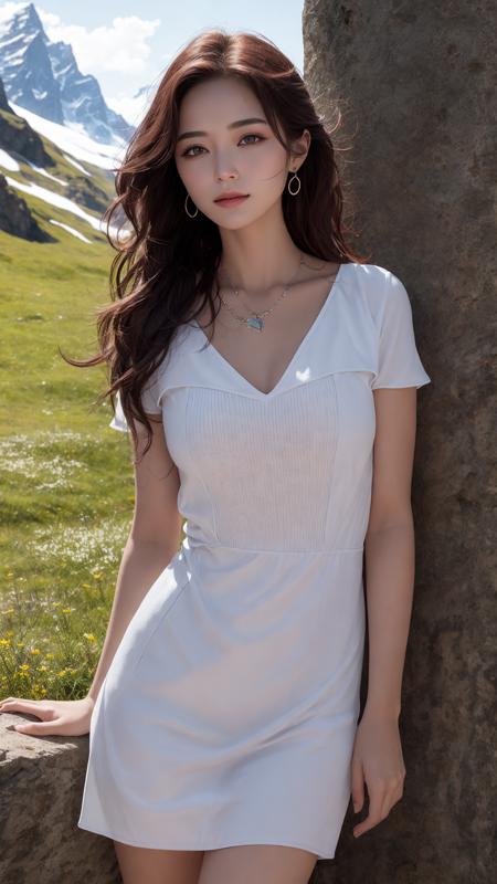 masterpiece,ultra realistic,32k,extremely detailed CG unity 8k wallpaper, best quality,
The Swiss Alps, Switzerland, ( Dark red A-line dress ) ,((spring day )), Beachy waves with a side part ,eardrop,lady ,necklace,