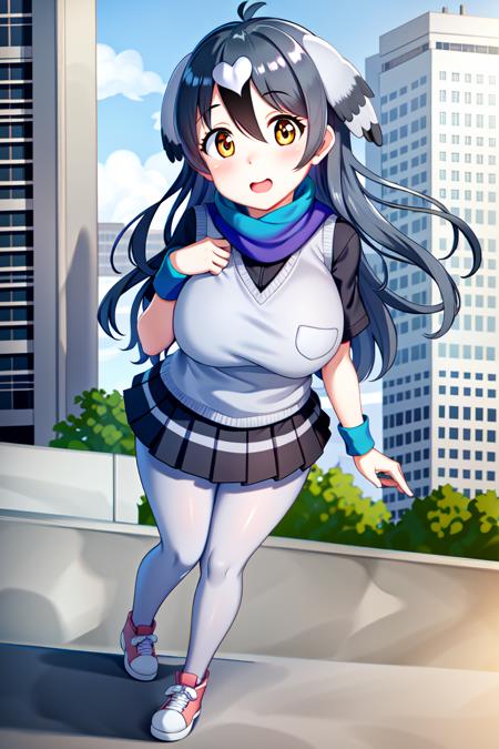 <lora:RockDoveKemonofriends_Kawarabato:0.6>,KAWARABATO

1girl,solo,masterpiece, best quality, high quality,delicate facial features,mishoujo,hyper_detail,game cg, finely detailed beautiful eyes and detailed face,lustrous skin,colorful

rock_pigeon_(kemono_friends),bird_girl,head wings,long hair, multicolored hair, grey hair, black hair, bird tail, bird wings, orange eyes,brown eyes, hair between eyes,large breasts, 

multicolored clothes,shirt,vest,pleated skirt,pantyhose, scarf, shoes,  short sleeves, wristband,

(looking at viewer:1.4), (full_body:1.3),(standing:1.4),blush,smile,open mouth,:3,

(city:1.3),(street, ),blue_sky,cloud,