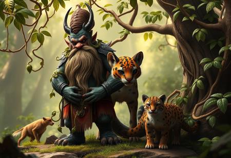 High definition, lifelike detail, adhering to the golden ratio, portray a pair of Infernity Dwarves standing next to each other, set against a jungle backdrop. Utilize cell shaded adult animation style, with liana vines wrapping around two fantasy creatures, one of which is inspired by a puma. Implement triadic color grading in a woodland glade setting, featuring three animals in a CGI render. Showcase on ArtStation, aiming for a trending position, enhanced by Unreal Engine 5, 8K resolution, and techniques from artists like artgerm, Greg Rutkowski, and Alphonse Mucha.