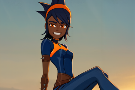 1girl, grin, looking at viewer, Piper, dark skin, orange eyes, blue hair, spiked hair, sidelocks, orange hairband, open shoulder, blue crystal pendant choker, blue bridal gauntlets, patchwork clothes, blue leather shirt, blue pants, brown leather boots, blue partially fingerless gloves, flying air vehicle, sky background, 