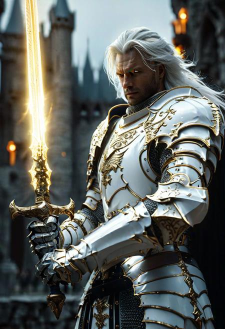 Cinematic shot of a knight wearing a white and gold armor, white hair, holding glowing sword, castle in background, HKStyle, HD, masterpiece, best quality, hyper detailed, ultra detailed, super realistic