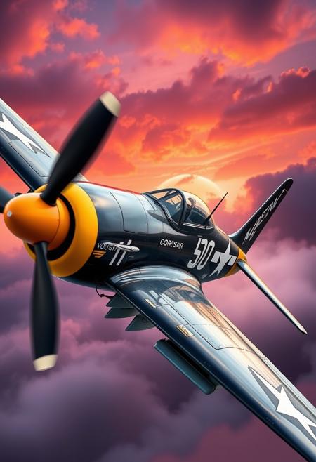 masterpiece, photograph, Vought F4U Corsair bf-109, ww2, vibrant, romantic, dynamic