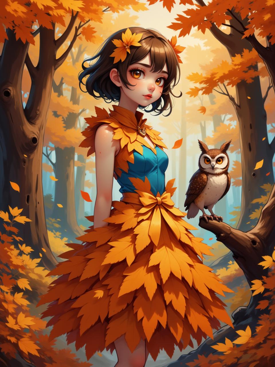 Close-up portpait. A whimsical autumn forest scene, showcasing a female figure dressed in a vibrant orange dress made of layered leaves, complemented by a bright blue top. An owl perches on a gnarled branch nearby, its feathers a rich mix of browns and whites. The background features tall trees with striking orange and gold foliage, illuminated by warm, soft sunlight filtering through the leaves, creating a dreamy, impressionistic atmosphere. The color palette includes warm oranges, deep browns, and hints of soft blues, evoking a sense of tranquility and magic in the heart of the autumn season. anime style digital painting <lora:flux_nova_1:0.8> <lora:fca_style_32:0.75> <lora:Anime_detail_eye:0.7>