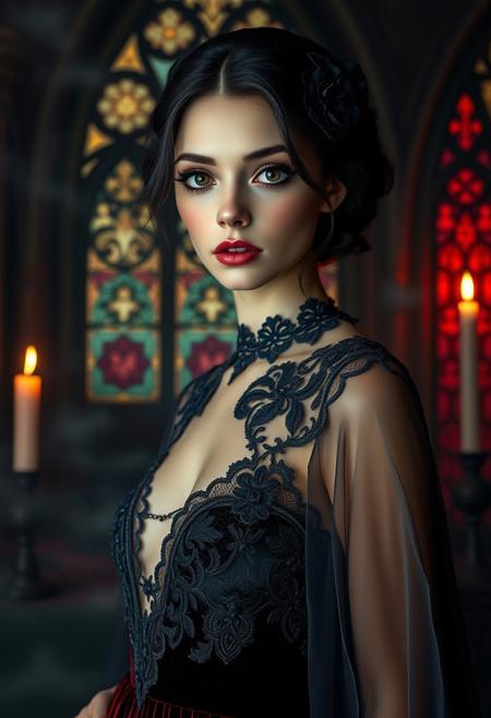 Gothic Enchantment , dark velvet gown, intricate lace details, glowing gothic stained glass, soft candlelight, mysterious shadowy background, deep crimson and sapphire tones, eerie yet elegant ambiance
ethereal portrait, surreal beauty, elongated delicate features, large expressive eyes, porcelain-like skin, dramatic cinematic lighting, flowing iridescent gown, intricate fabric details, painterly fantasy background, swirling clouds, soft glowing lights, whimsical architecture, melancholic mysterious expression, rich jewel tones, soft pastel contrasts, gothic elegance, hyper-realistic textures, dreamlike storytelling