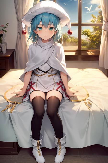 1girl,hat,blue hair,short hair,green eyes,white dress,white sleeves,long sleeves,cape,black pantyhose,