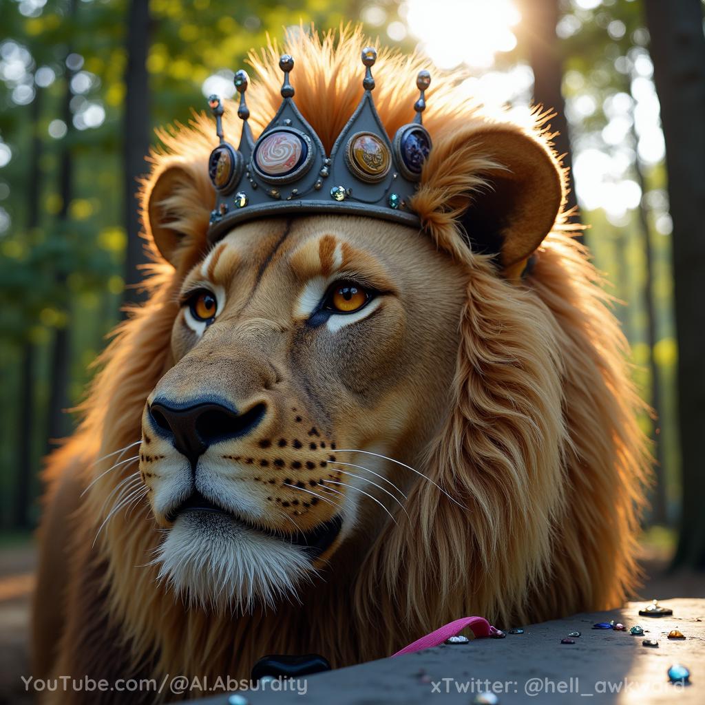 Positive: a close-up view of a large lion with a heart-shaped crown on its head. The crown is made up of a heart shape arranged with rhinestones of different colors and sizes. The heart shape has a gray surface, in the middle there is a round black object with a white swirl on it. On either side of the black object is a rhinestone diamond, one is light brown with a yellow pattern on its face, and the other is dark gray with white swirls. The diamonds are arranged in a heart shape like a crown, some diamonds are dark grey, while others are light grey and white. Some diamonds are multicolored, with a mix of blues, greens, yellows, and reds. There is a gray surface under the lion's head, on it, a handful of smaller diamonds are scattered, adding depth to the composition. The lion's face is a close-up side shot, golden brown fur, bright orange reflective eyes, a tan patch in the middle of the nose, and the lips are illuminated. A black heart is on the left of the mouth, a pink strap is over the right of the face, running parallel to its left shoulder. The scene takes place under the shade of trees, in the background, forest is visible, green leaves, sun rays filtering through the leaves, natural light, golden sun and blue sky.