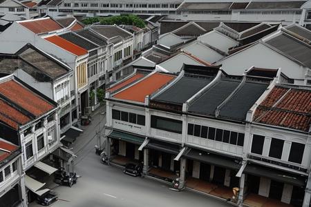 architecture, building, (shophouse), cityscape, scenery, Southeast Asia, George Town, Penang, vintage, historical, heritage, orange tiled roof, pedestrian arcade, narrow facade, long windows, no humans, road, perfect proportions, perfect perspective, 8k, masterpiece, best quality, high_resolution, high detail, photorealistic