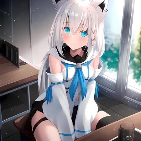 (1girl:0.976), sits on chair, black shorts, white hair, (animal ears:0.922), (solo:0.892), (desk:0.876), (hair ornament:0.863), (looking at viewer:0.621), (blue necktie:0.591), (eyebrows visible through hair:0.589), (indoors:0.530), (open jacket:0.501)