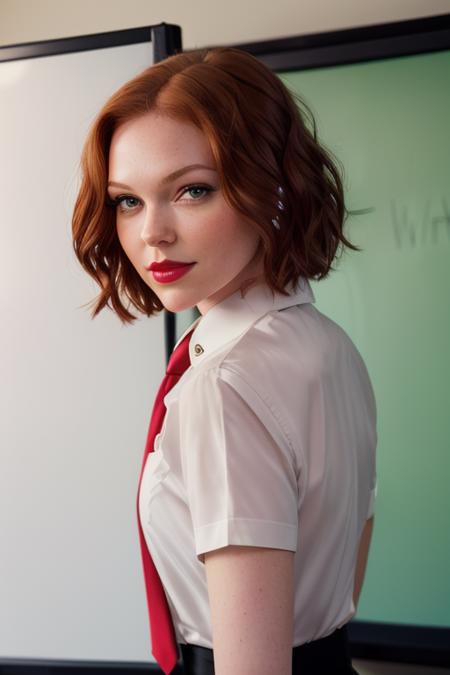 photo of a woman, laurap,((short hair)) ((necktie, shirt, dark red hair)), ((closeup, portrait)),((whiteboard, conference room)),smiling, ((red lipstick, eyeliner, eye shadow, blush)), ((best quality, masterpiece, extreme details, high resolution):1.2),((detailed eyes, beautiful eyes, detailed face, beautiful face):1.2)