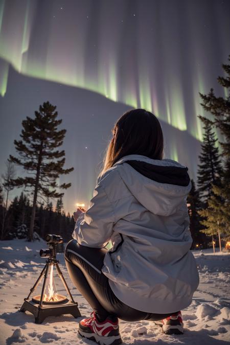 (masterpiece), (best quality:1.2), absurdres, [:intricate details:0.2], 1girl, front view, aurora, black hair, camera, campfire, city lights, constellation, crescent moon, earth_\(planet\), galaxy, hood, hood down, hooded jacket, lamppost, light particles, long hair, long sleeves, milky way, night, night sky, outdoors, planet, power lines, shooting star, sitting, sky, skyscraper, snow, snowing, solo, squatting, star_\(sky\), starry sky, starry sky print, telescope, tree, twilight, winter,