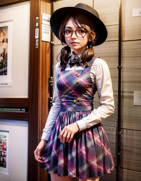 best quality, ultra high res, photorealistic, 1girl, usami sumireko, <lora:sumireko:1>, short hair, low twintails, black hair, fedora, red-framed eyewear, plaid skirt, plaid vest,