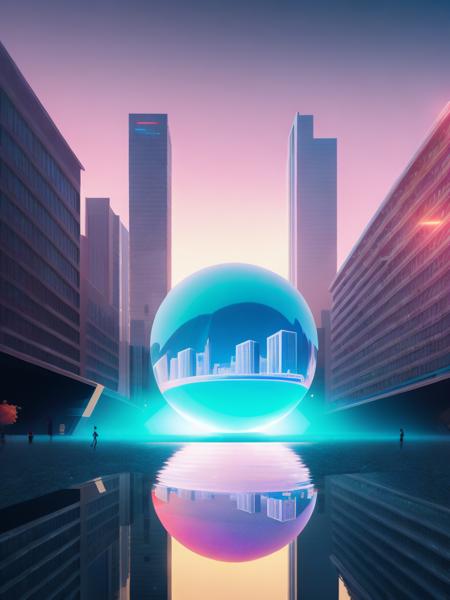 <lora:BeepleMikeWinkelmann:1>a futuristic city with a giant ball in the middle of the street and a reflection of a building in the water by Beeple Mike Winkelmann