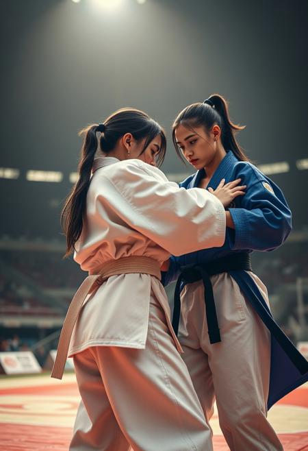 2girl, cinematic composition, A black belt in white judo and a black belt in blue judo, judo pants, judo ground, stadium, sweating,  Ippon Seoi Nage  , highly detailed, 4k resolution, ultrarealistic, real photo, detailed skin, photorealistic, high quality, sharp focus