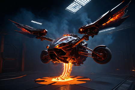 masterpiece, best quality, , molten hoverbike, fiery thrusters, smoky design, solo, HavvoricFireDarkstyle, shadow spoiler, smoky design, dark space station hangar, fiery walls, smoky stars, detailed background, HavvoricFireDarkstyle, infernal hover above platform, fiery thrusters, smoky stance, infernal dynamic angle, wide shot, flame holographic camera, fiery record, nearby, best quality, rich colors, realistic style, high detail, hyper-realistic, highres, 4K resolution, realistic photo, masterpiece, ultra-detailed, HavvoricFireDarkstyle, ember blue, fiery chrome, fiery glow, blazing light, overhead shot, <lora:HavvoricFireDarkstyle:1>