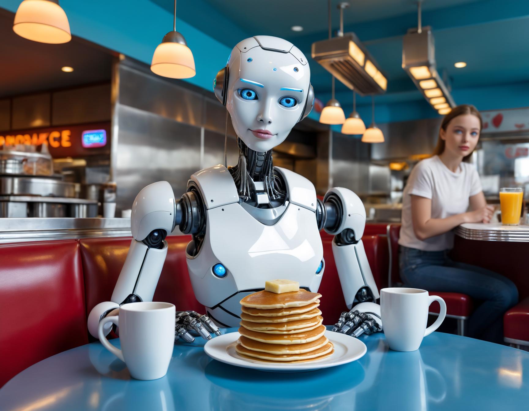 a robot sitting at a diner with plates of pancakes, 1girl, looking at viewer, blue eyes, sitting, food, solo focus, indoors, cup, lips, colored skin, table, robot, science fiction, fork, android, joints, robot joints, pancake, restaurant, humanoid robot, cafe, pancake stack, bright, light, colorful, intricate