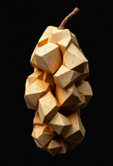 abstract fruit, raw, unrefined textures, harsh and angular geometric forms, distorted fruit shapes, minimalist design, sharp and jagged geometric patterns, interlocking polygons, fragmented fruit, brutal edges, primal and industrial aesthetic, concrete-like skin on fruit, exaggerated forms, fractal patterns, recursive shapes, infinite geometry, intricate fractal structures, stark lighting, monochromatic tones, dystopian vibe, sculptural appearance, unsettling, high resolution, photorealism, (severe expression:1.3), (raw materials:1.4), (emphasis on sharp geometric form:1.6), minimal details, intersecting planes, fractured geometry, rigid structure, (blurry:-1.2), (ugly:-1.3), (cartoonish:-1.1), (smooth surfaces:-1.4), (polished:-1.3), (low quality:-1.2), (overly ornate:-1.5), (disjointed anatomy:-1.3), (soft lighting:-1.2), (vibrant colors:-1.4), (noisy:-1.1), (bad composition:-1.3)